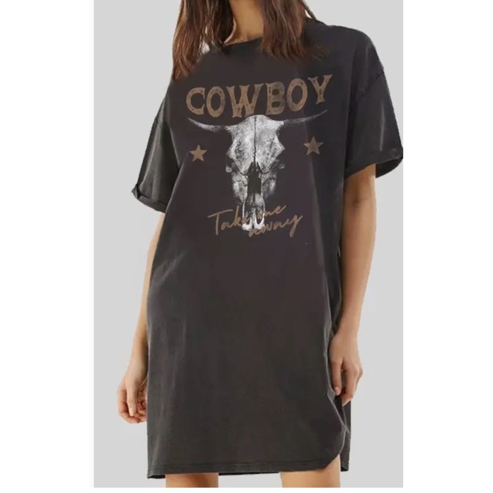 HRT & LUV Cowboy Take Me Away Mineral Wash Graphic T-Shirt Dress Large Black EUC